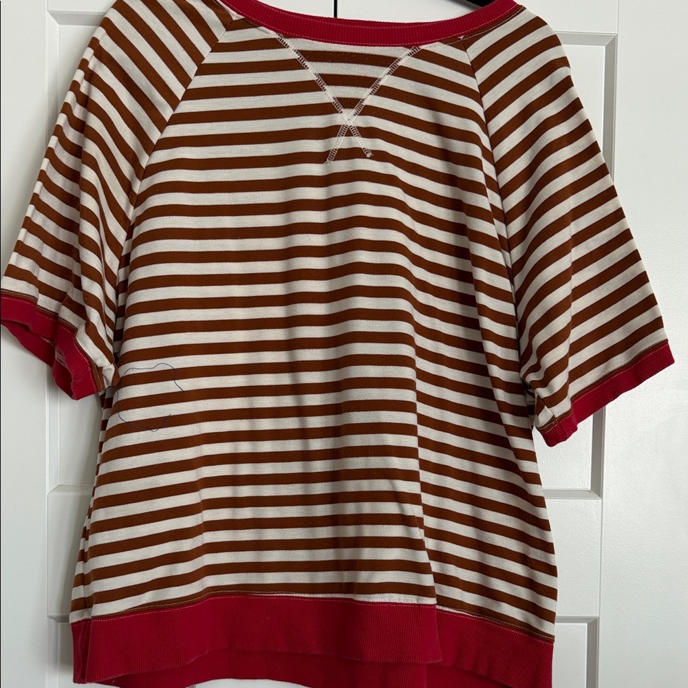 Casual Striped Short Sleeve Top - Red and White